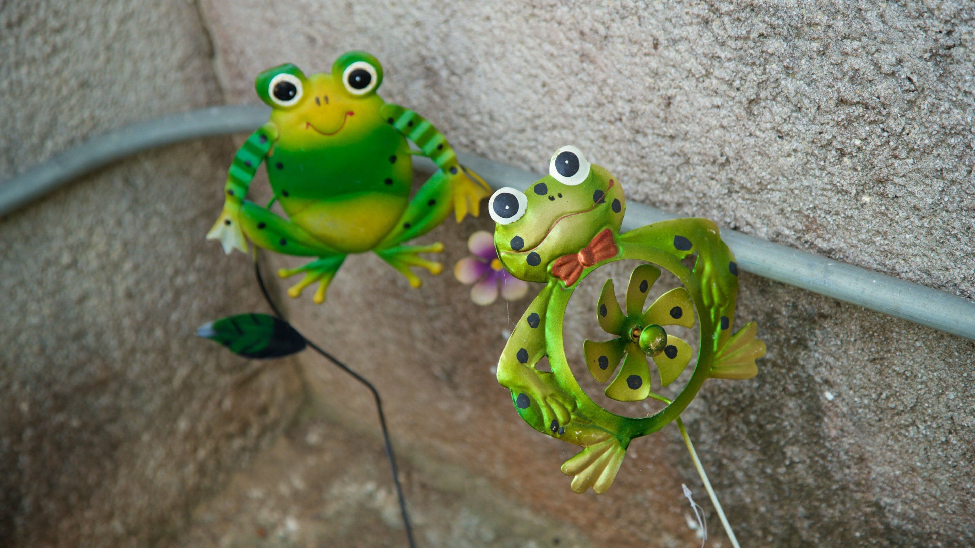 Two frog figurines on a metal pipe.