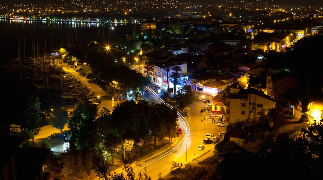 Fethiye which includes night scenes and a city