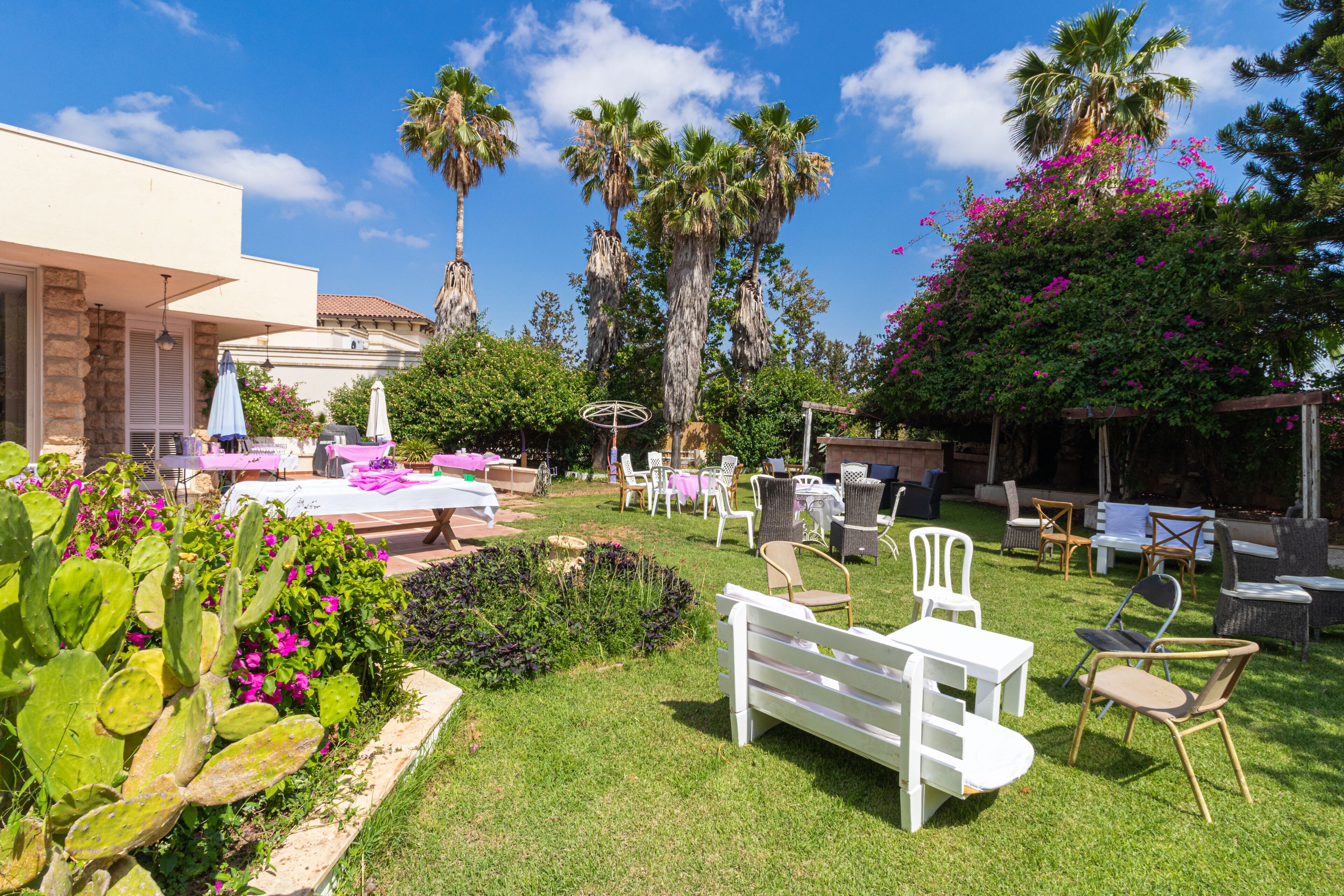 A well-maintained garden with palm trees, flowering plants, and outdoor furniture.