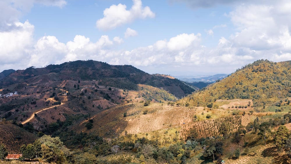 A mountainous landscape with a winding road, scattered houses, and dense forested areas.