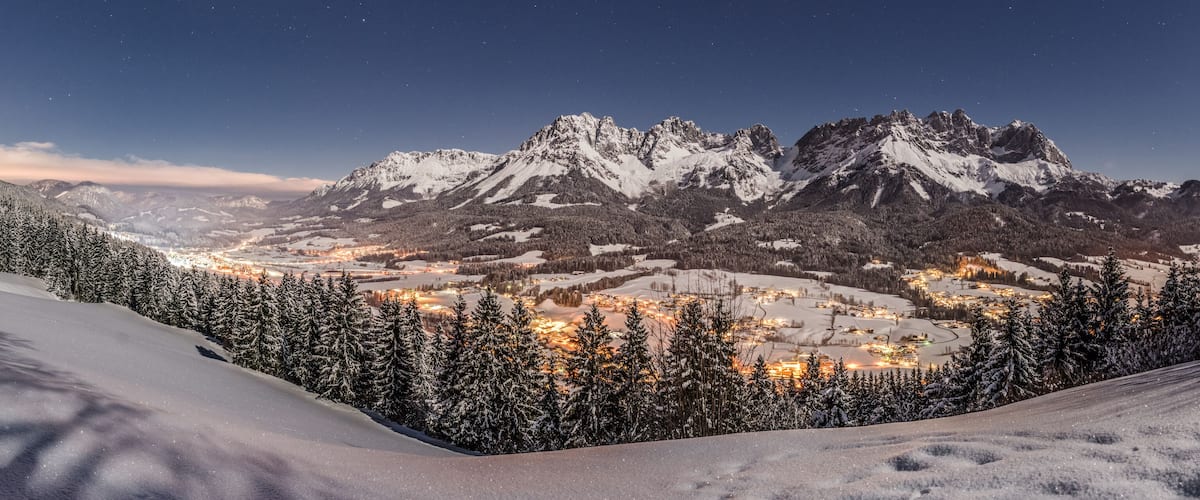 Panorama einer herrlichen Winterlandschaft im Mondlicht