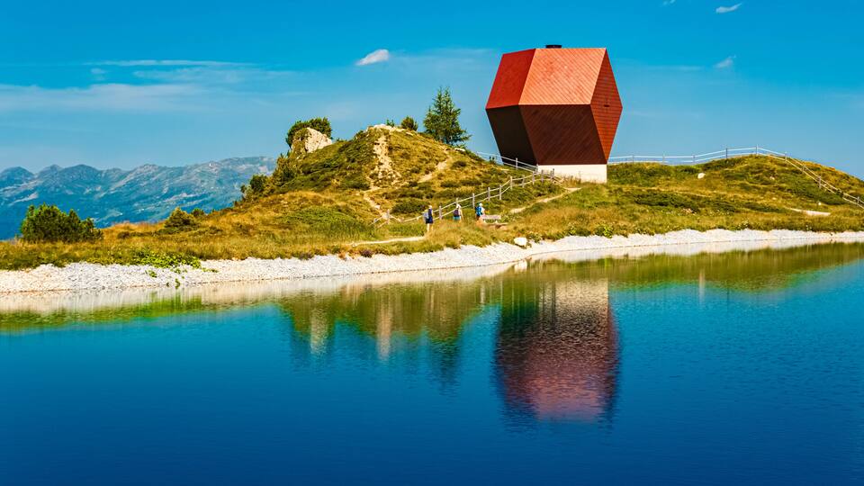 Alpine summer view with the famous Capella Granata and reflections in a lake at Mount Penken, Mayrhofen, Finkenberg, Zillertal valley, Schwaz, Zell am Ziller, Tyrol, Austria