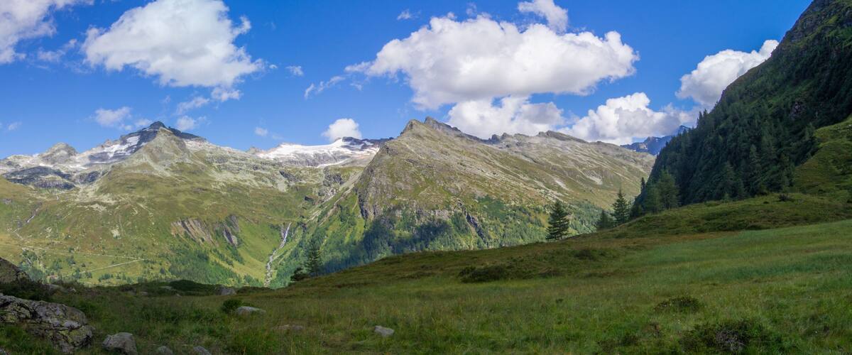 A mountain range with a valley and a river.