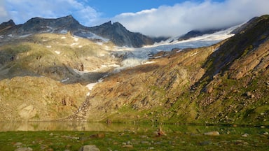 Un paisaje montañoso con un glaciar, terreno rocoso y un lago.
