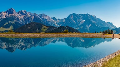 High resolution stitched alpine summer panorama with reflections at Lake Prinzensee, Mount Natrun, Maria Alm am Steinernen Meer, Salzburg, Austria