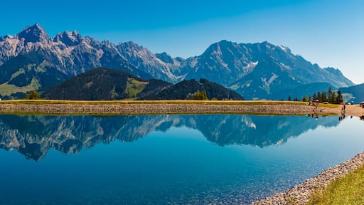 High resolution stitched alpine summer panorama with reflections at Lake Prinzensee, Mount Natrun, Maria Alm am Steinernen Meer, Salzburg, Austria