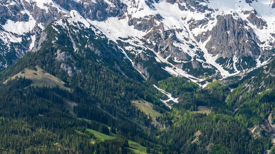 A mountainous landscape with snow-capped peaks, dense forests, and a valley with scattered buildings.