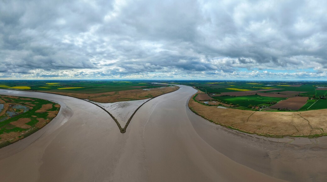 Aerial view of Trent Falls confluence where the River Trent and River Ouse meet, surrounded by green fields and yellow rapeseed under a cloudy sky in Goole, United Kingdom.