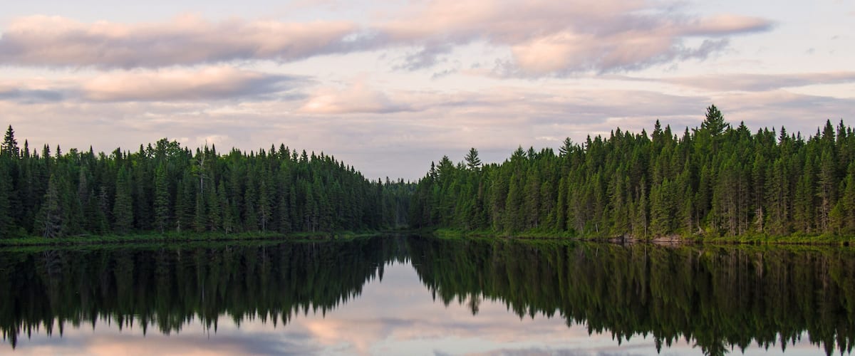 A calm lake reflecting dense forests and a cloudy sky.