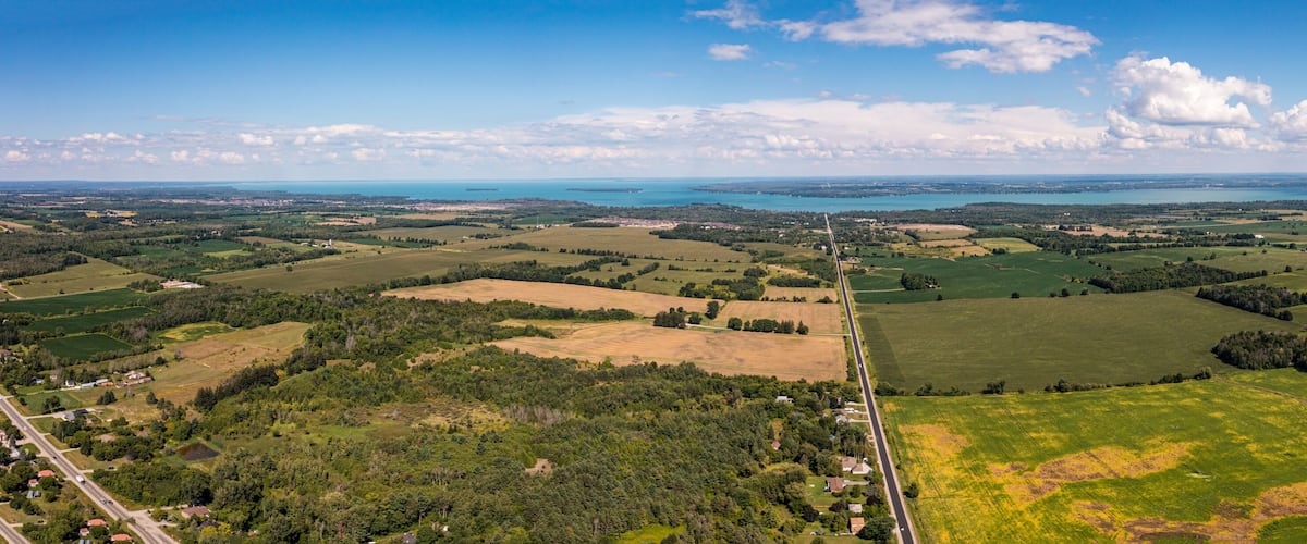 A panoramic view of a coastal landscape with rolling hills, fields, and a distant body of water.