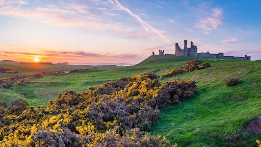 A castle on a hill with a sunset in the background.