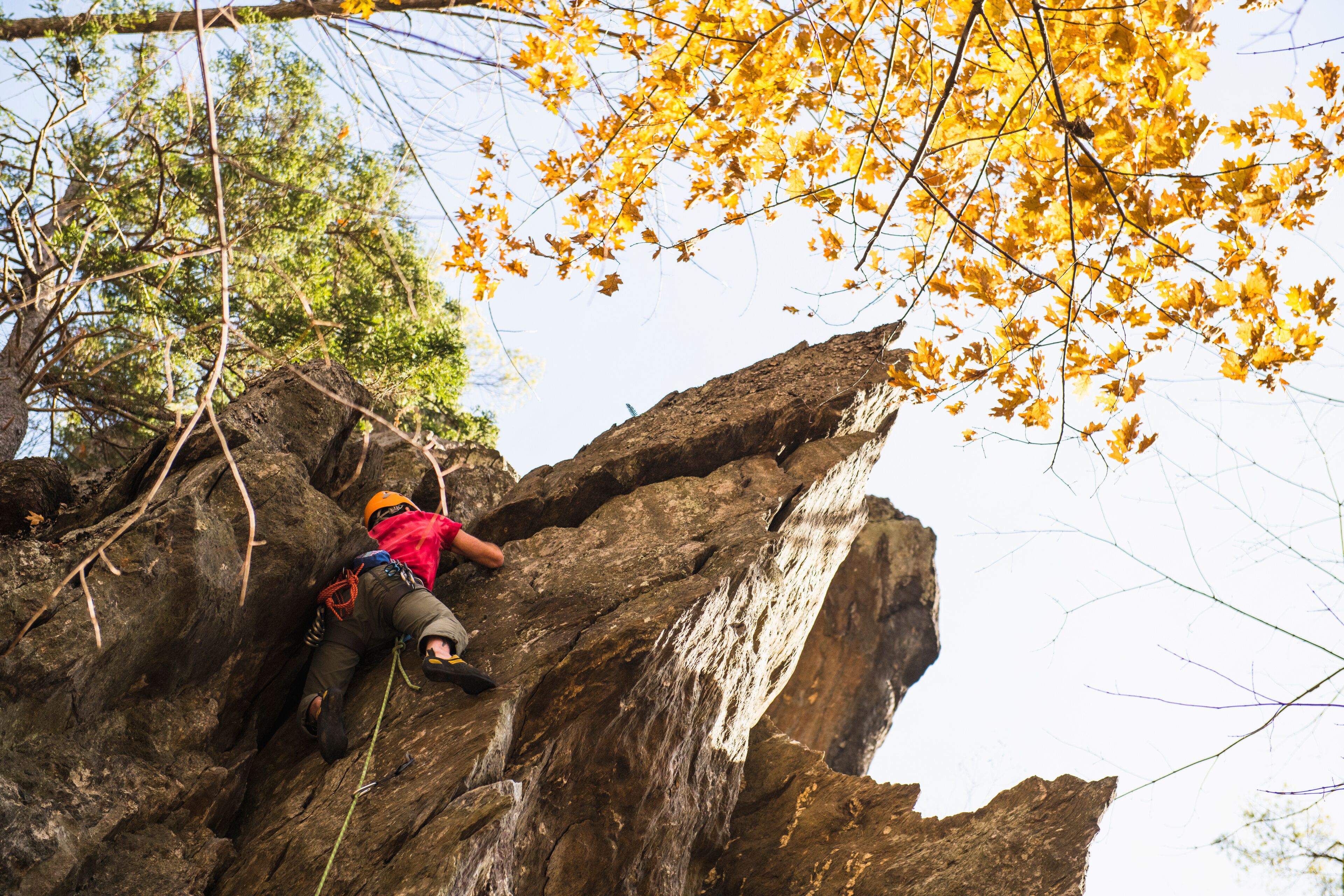 Male Lead Climber at Rumney New Hampshire in Autumn