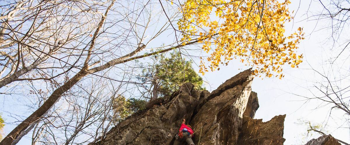 Male Lead Climber at Rumney New Hampshire in Autumn
