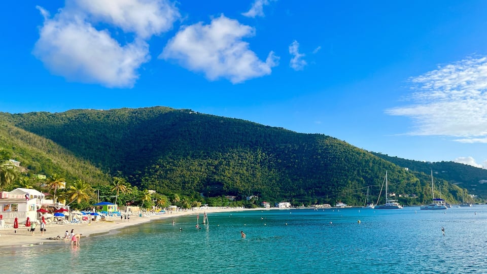 A beach with clear turquoise water, a sandy shore, and a forested hill in the background.