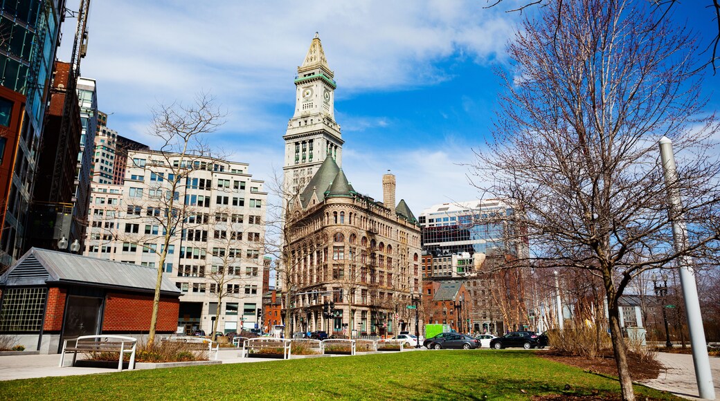 View of Rose Kennedy Greenway and central street buildings of Boston downtown