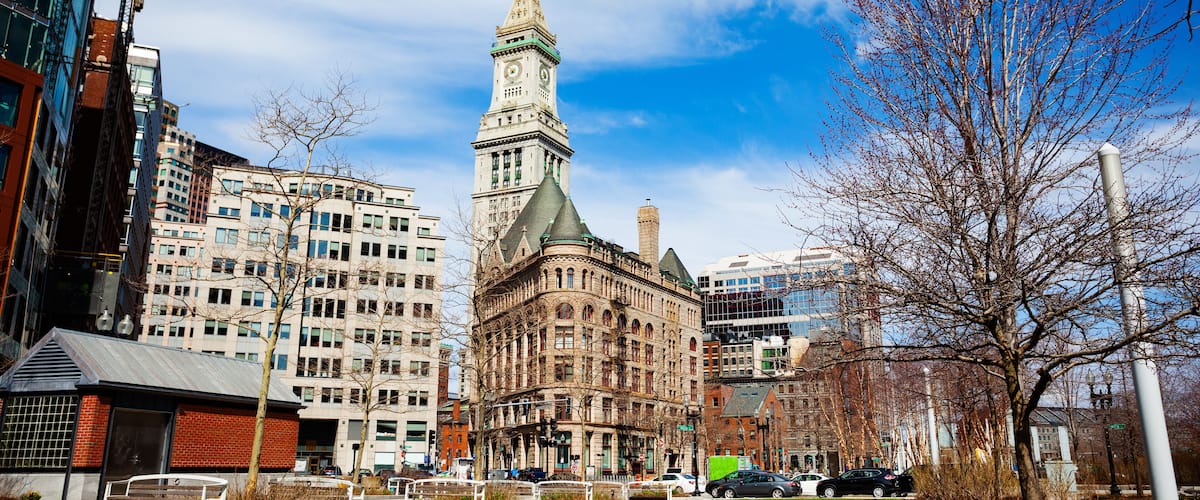 View of Rose Kennedy Greenway and central street buildings of Boston downtown