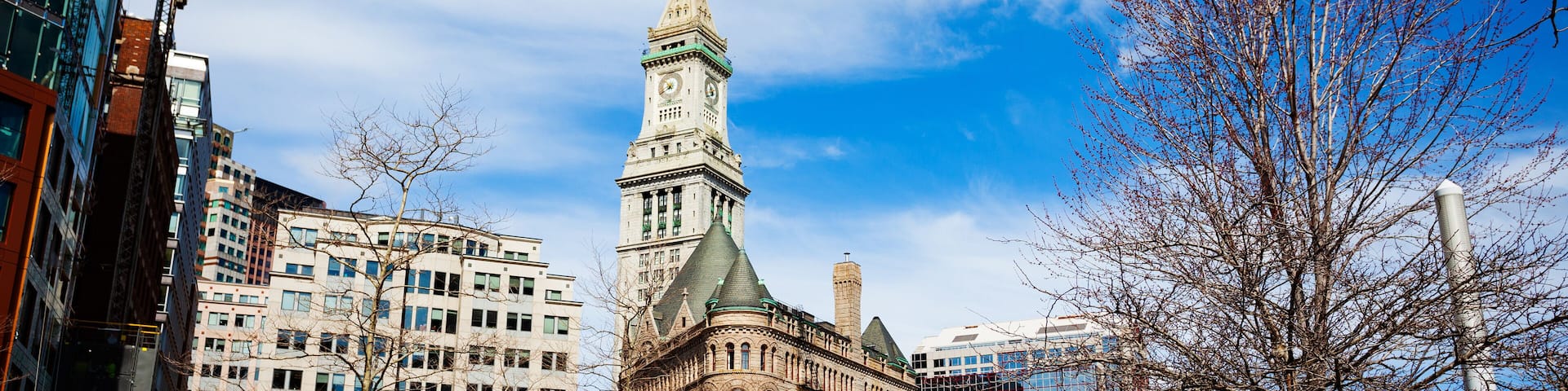 View of Rose Kennedy Greenway and central street buildings of Boston downtown