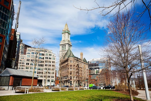 View of Rose Kennedy Greenway and central street buildings of Boston downtown