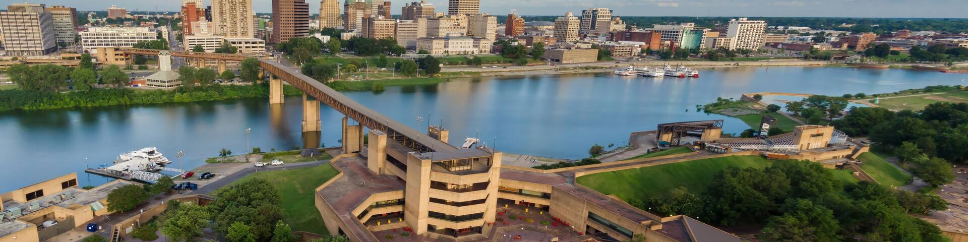 Mud Island Park and the Wolf River Harbor with a view to downtown Memphis, Tennessee, United States of America.