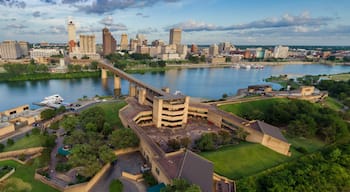 Mud Island Park and the Wolf River Harbor with a view to downtown Memphis, Tennessee, United States of America.