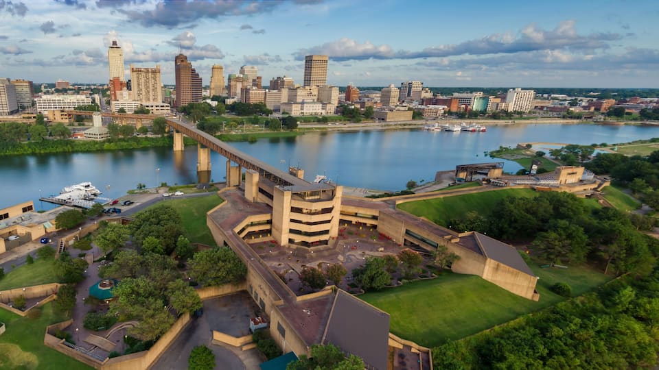 Mud Island Park and the Wolf River Harbor with a view to downtown Memphis, Tennessee, United States of America.
