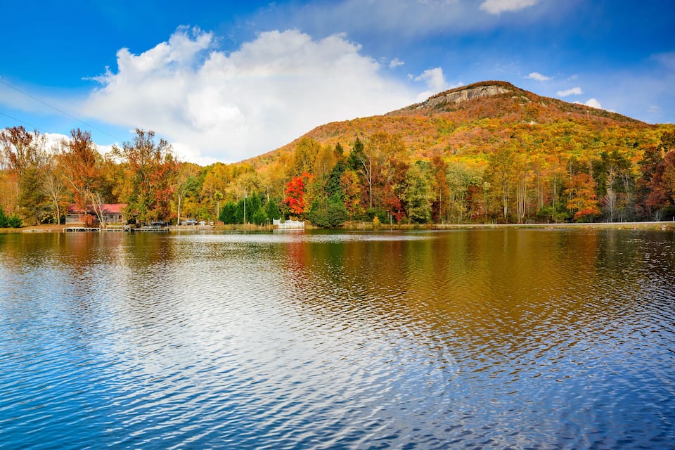 A lake with a mountain in the background.