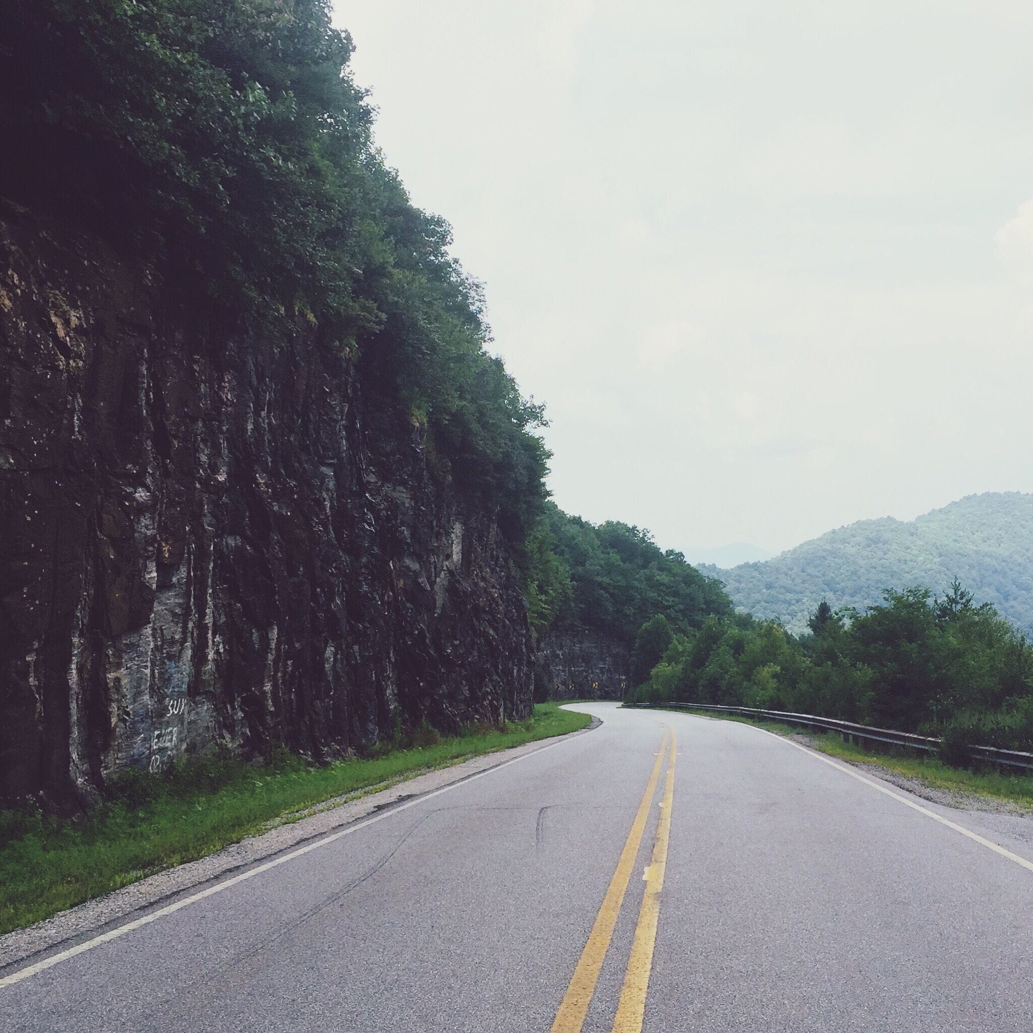 Driving through the mountains on a scenic road.
