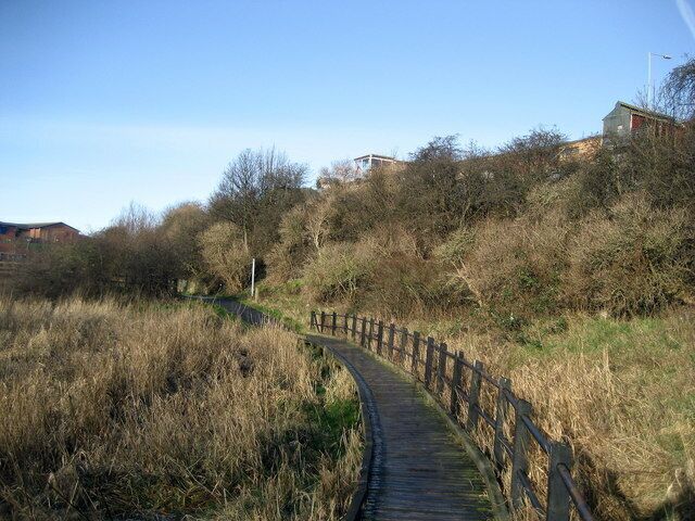 Causeway by the River Don A narrow corridor of nature in an urban landscape, although there is rubbish and detritus blocking some of this waterway. The map indicates a hospital above the bank on the right