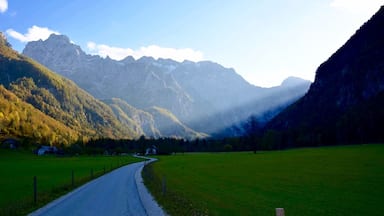 A winding road through a valley with mountains in the background.