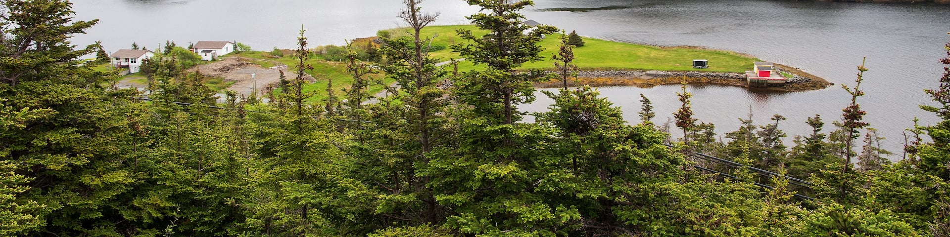 An aerial perspective from the Seven Island Lookout along Route 100, overlooking the Northeast Arm of Placentia Road and the Ontario Isles.