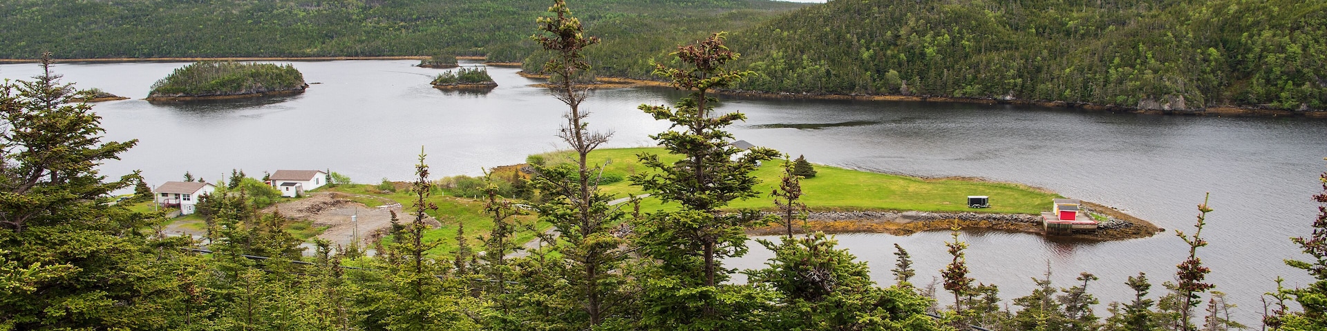 An aerial perspective from the Seven Island Lookout along Route 100, overlooking the Northeast Arm of Placentia Road and the Ontario Isles.