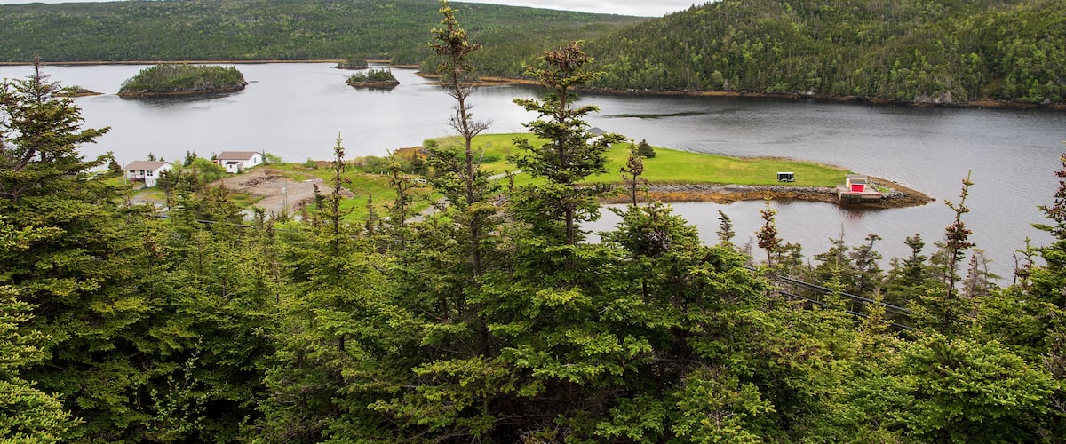 A lake surrounded by forested hills, a small island, and a white house with a red roof.
