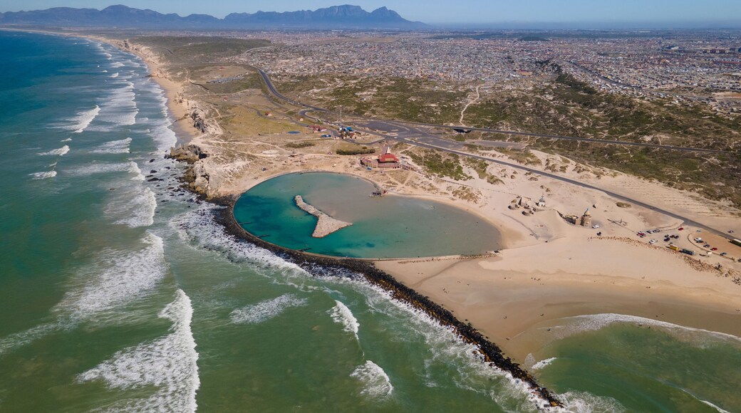 Aerial view of Monwabisi tidal pool Khayelitsha popular destination of swimmers, Cape Town, South Africa.