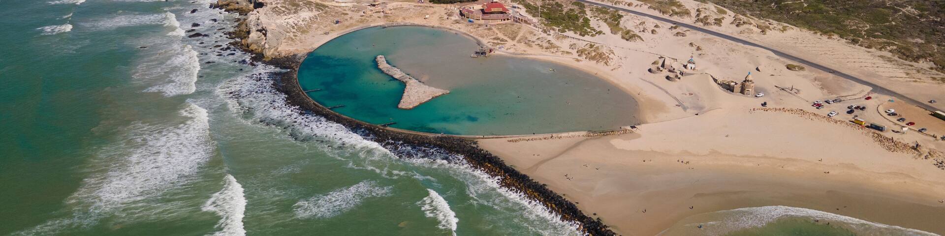 Aerial view of Monwabisi tidal pool Khayelitsha popular destination of swimmers, Cape Town, South Africa.