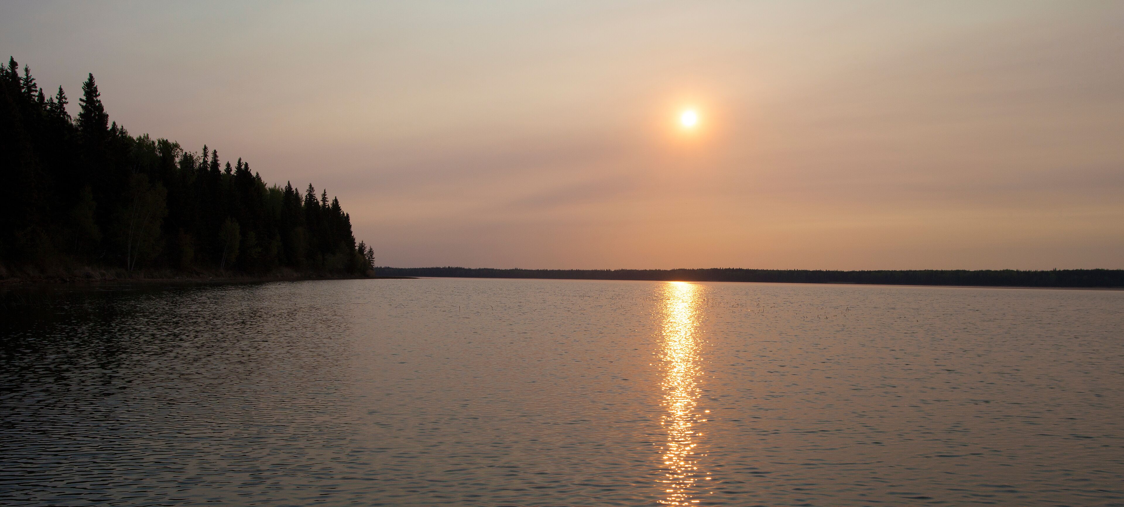 A calm lake at sunset with a forest on the left and a clear sky.