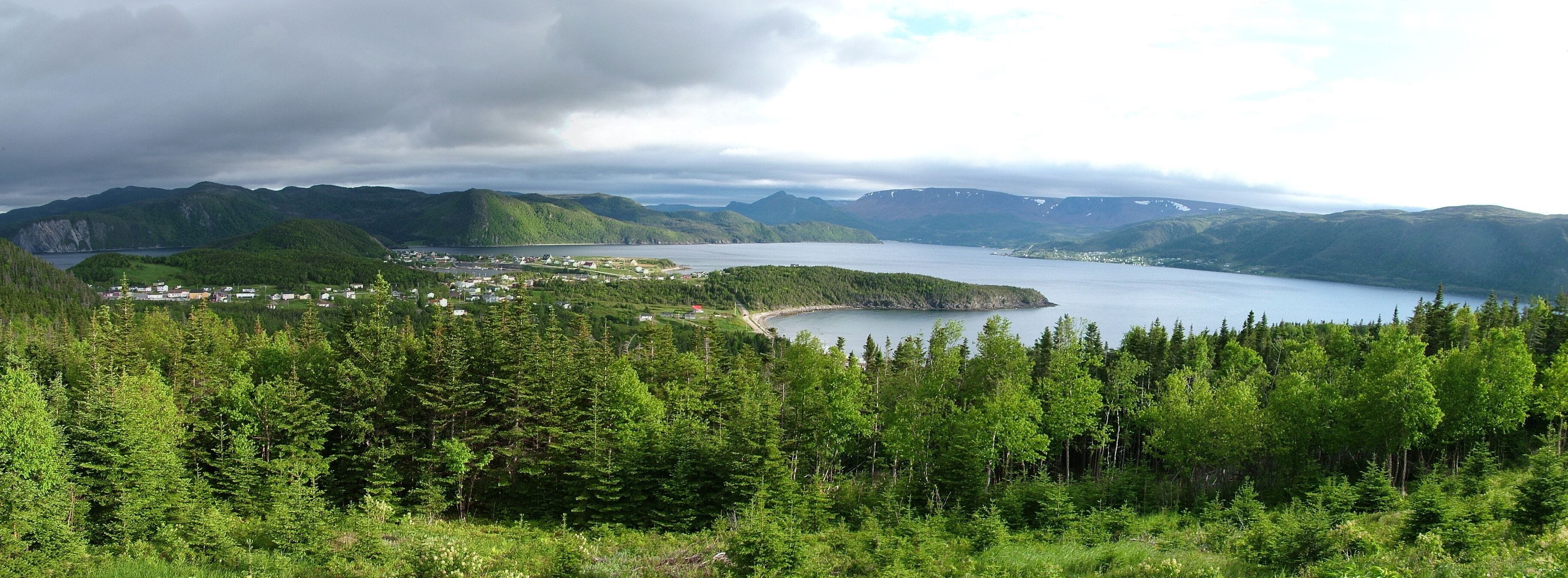A coastal town surrounded by dense forests and mountains.