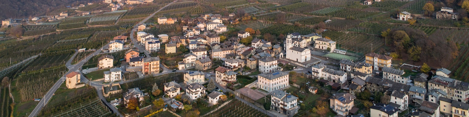 Alpine village in Valtellina, Italian Alps. Aerial view