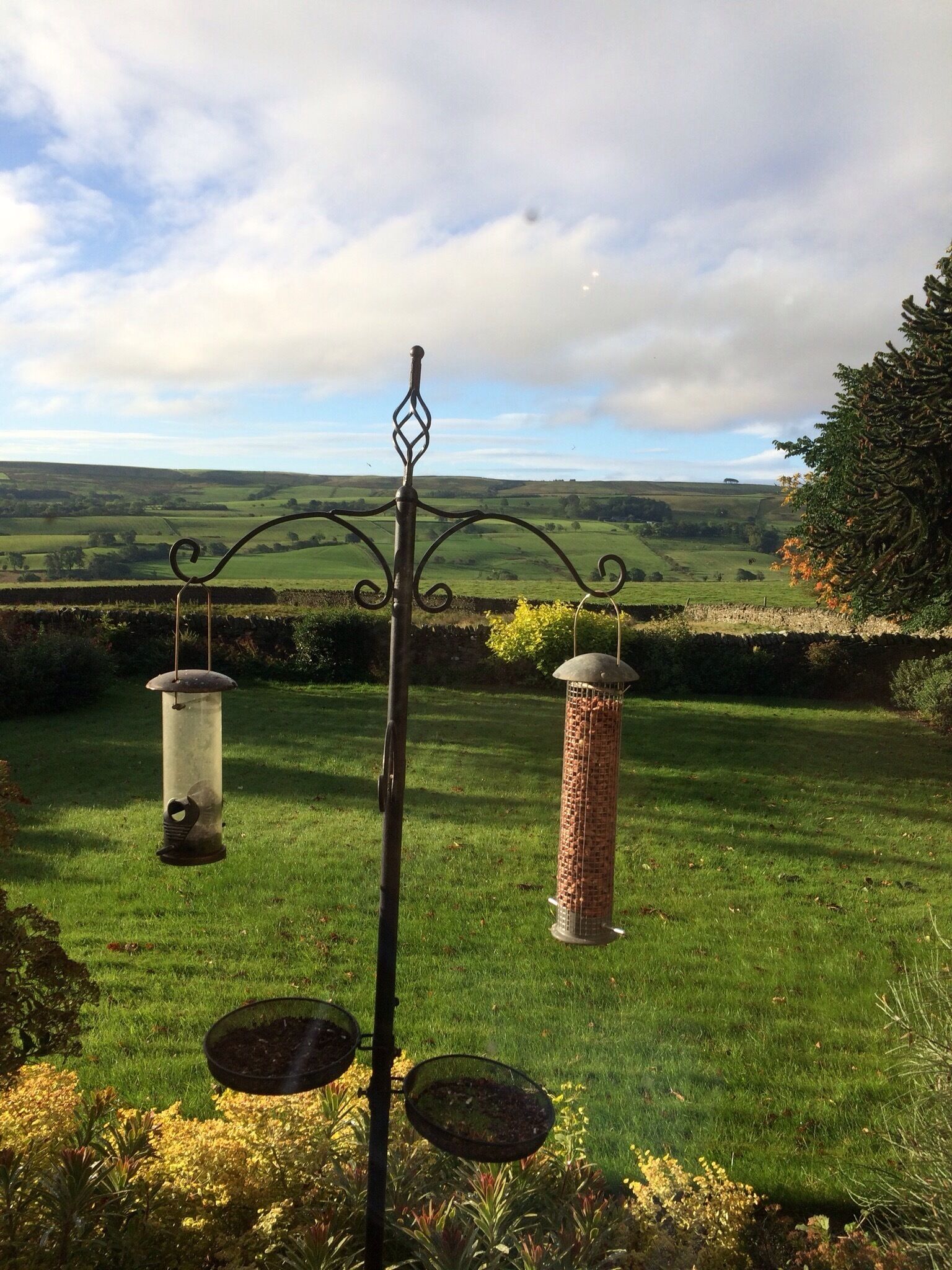 A metal balance with bird feeders in a grassy field with a scenic landscape in the background.