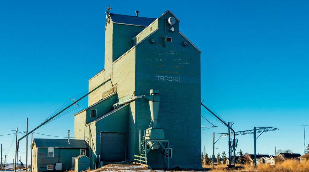 Grain elevator reaches to the sky. Trochu, Alberta, Canada