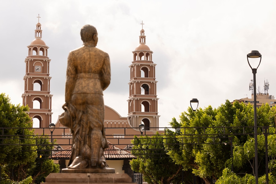 Morning light shines on a beautiful cathedral in central Acayucan, Veracruz, Mexico.
