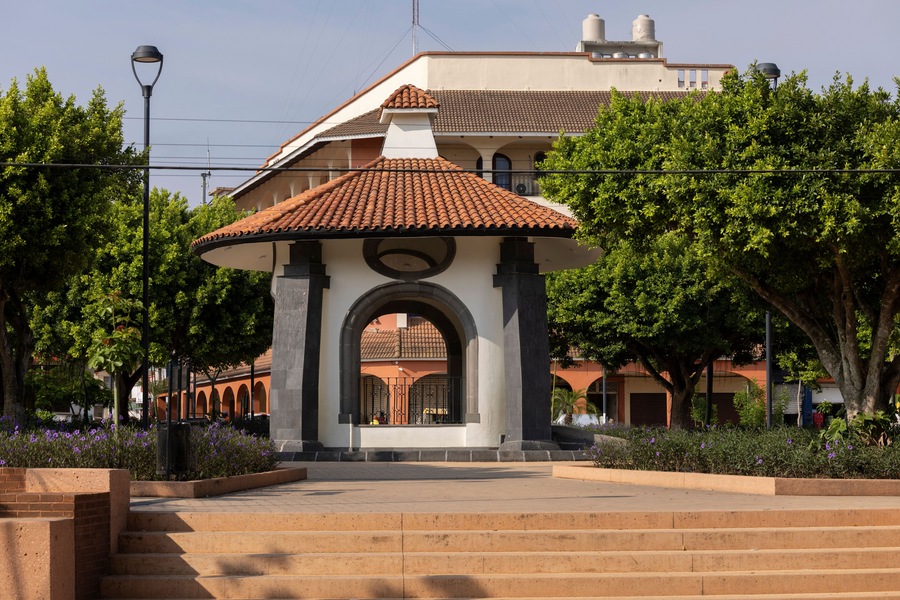 Morning sun shines on the kiosk bandstand in the central plaza of Acayucan, Veracruz, Mexico.