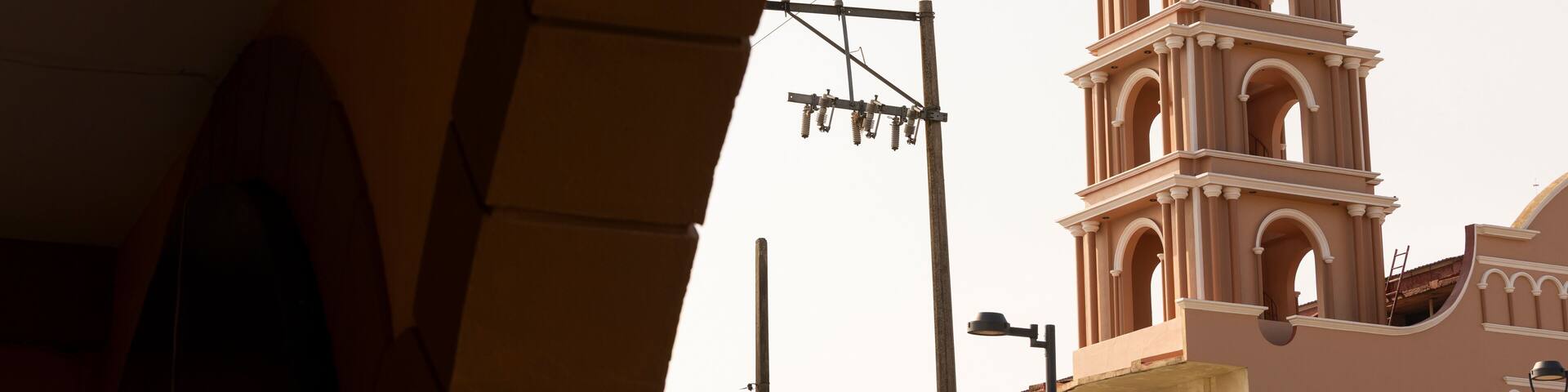 Morning light shines on a beautiful cathedral in central Acayucan, Veracruz, Mexico.