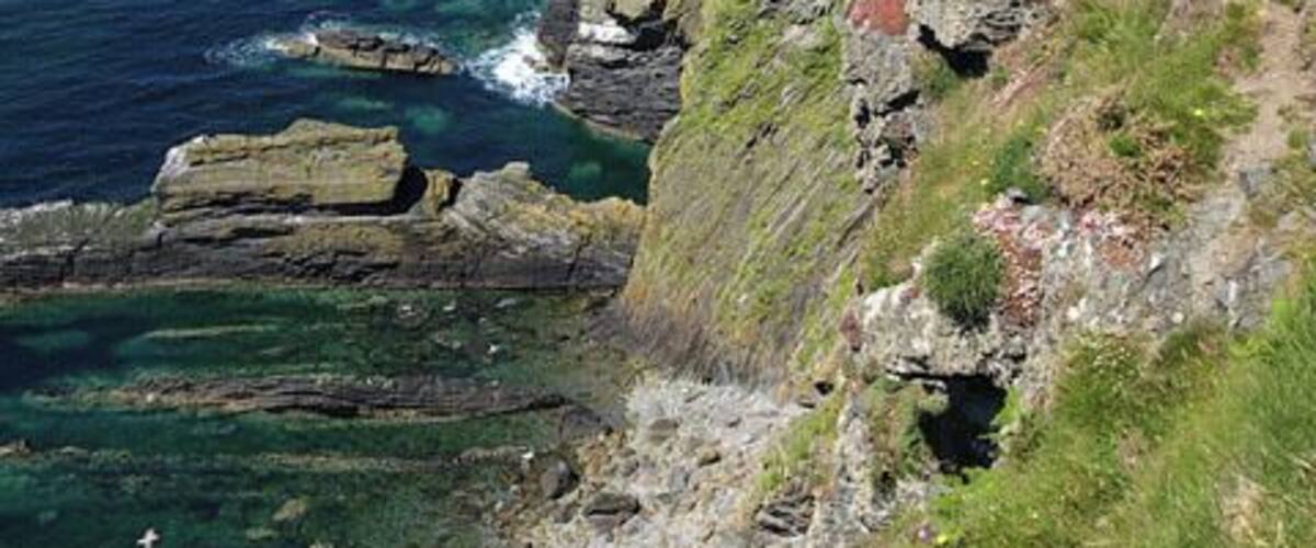 Peel to Glenmaye coastal path at Ellan ny Maughol. Isle of Man. The footpath runs from Peel hill to Glen Maye, a distance of about 4 kms. and for most of this distance it follows the cliff edge.