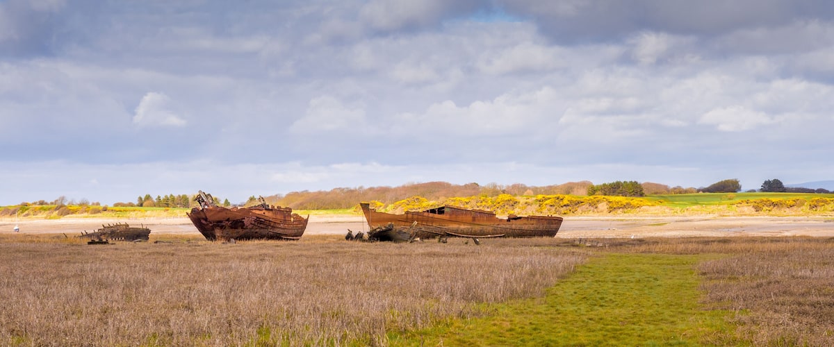 A coastal landscape with three rusted ships stranded in a field.