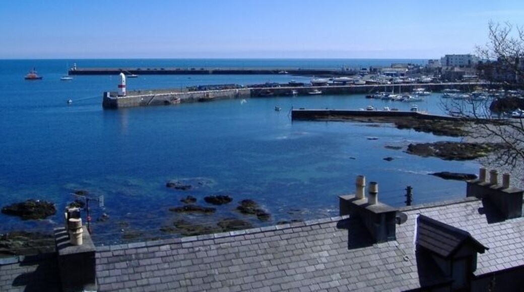 View from Bay View Road, Port St Mary Looking down to the harbour and breakwaters.