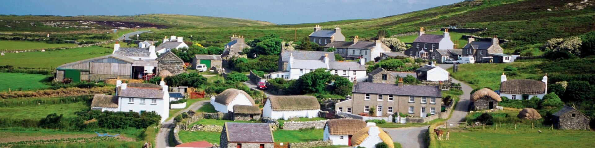 Panoramic view of cottages, Cregnesh, Isle of Man, British Isles