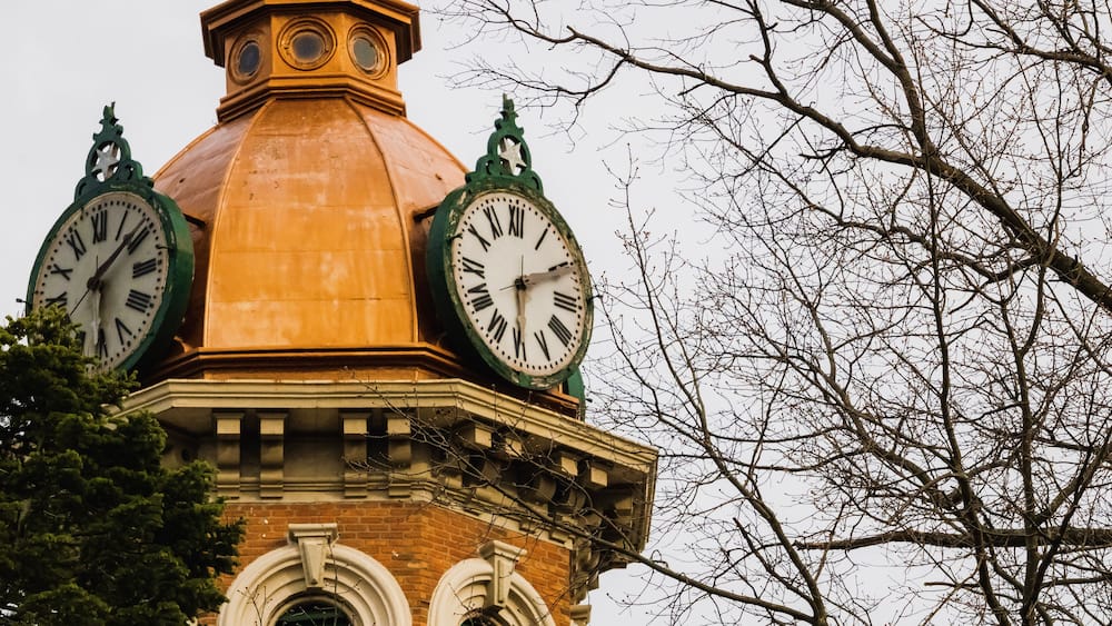 Chardon, Ohio, USA - 4-22-22: The peak of the Geauga County Court of Common Pleas courthouse