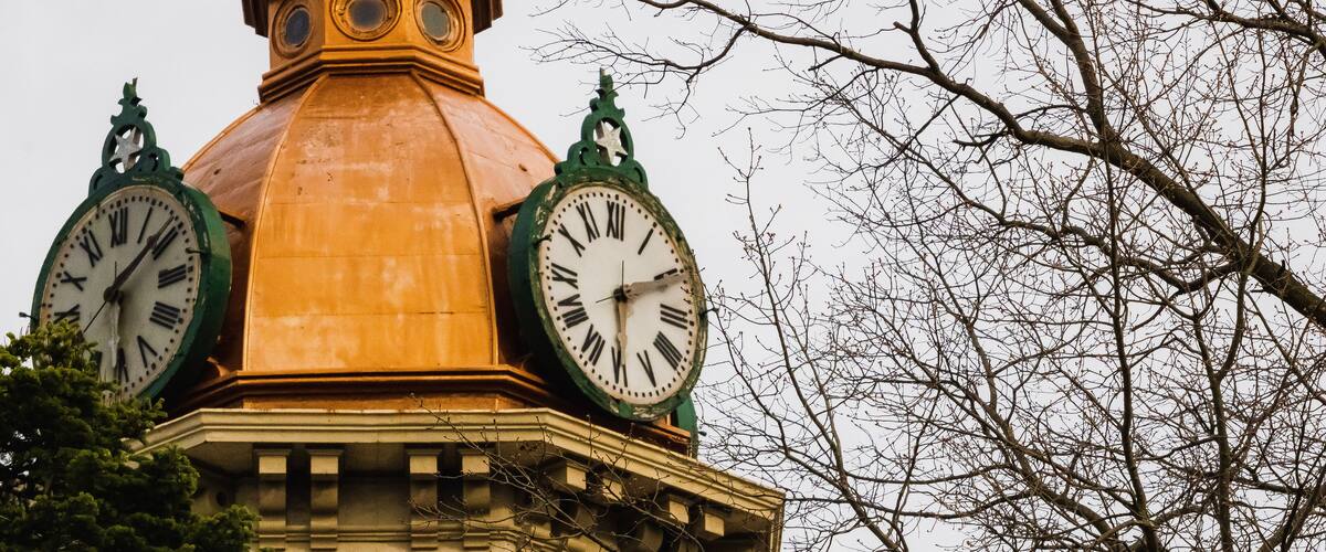 Chardon, Ohio, USA - 4-22-22: The peak of the Geauga County Court of Common Pleas courthouse