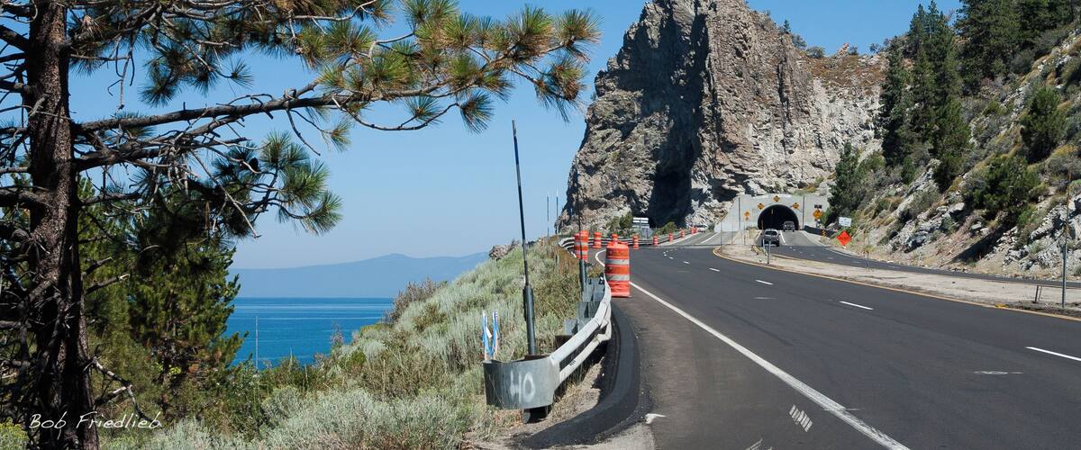 A coastal road with a rocky cliff, pine trees, and a clear blue sky.