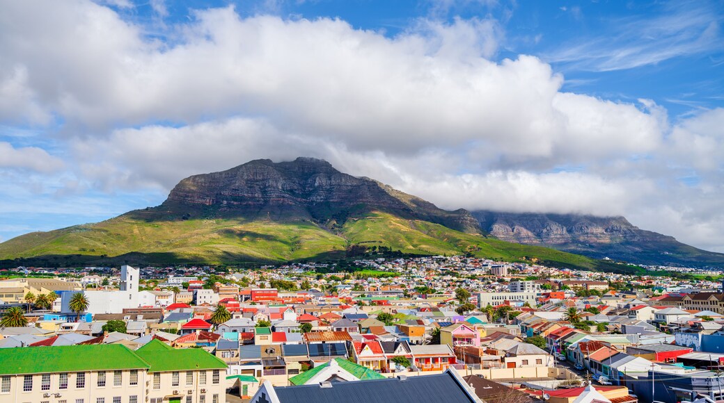 Cloud-covered Table Mountain and Devil's Peak over Woodstock houses, Cape Town, South Africa